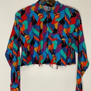 Vintage womens Liz sport abstract long sleeve crop top shirt sz Petite small